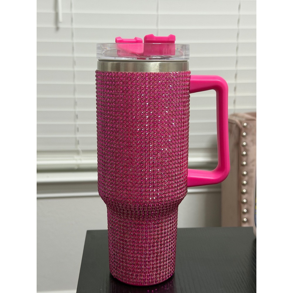 Bling Hot Pink Rhinestone Insulated Tumbler 40oz Travel Mug with Handle and Lid